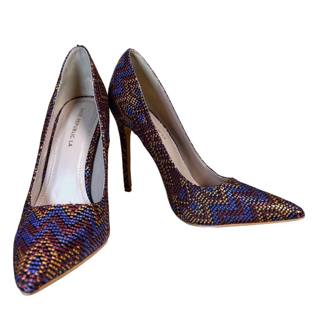 Shoe Republic LA Multi Color Woven Chevron Pointed Toe Stiletto Pumps Size 9